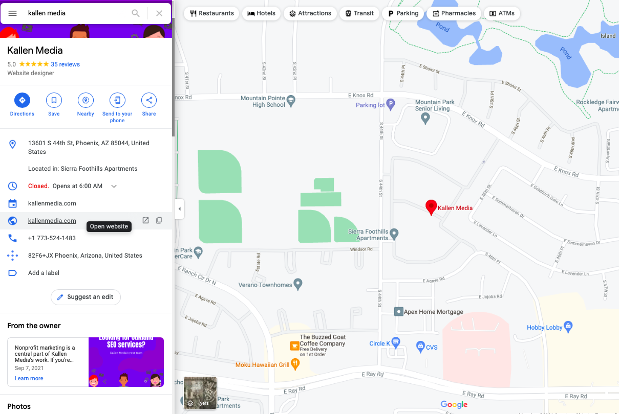 Google Map results for Kallen Media