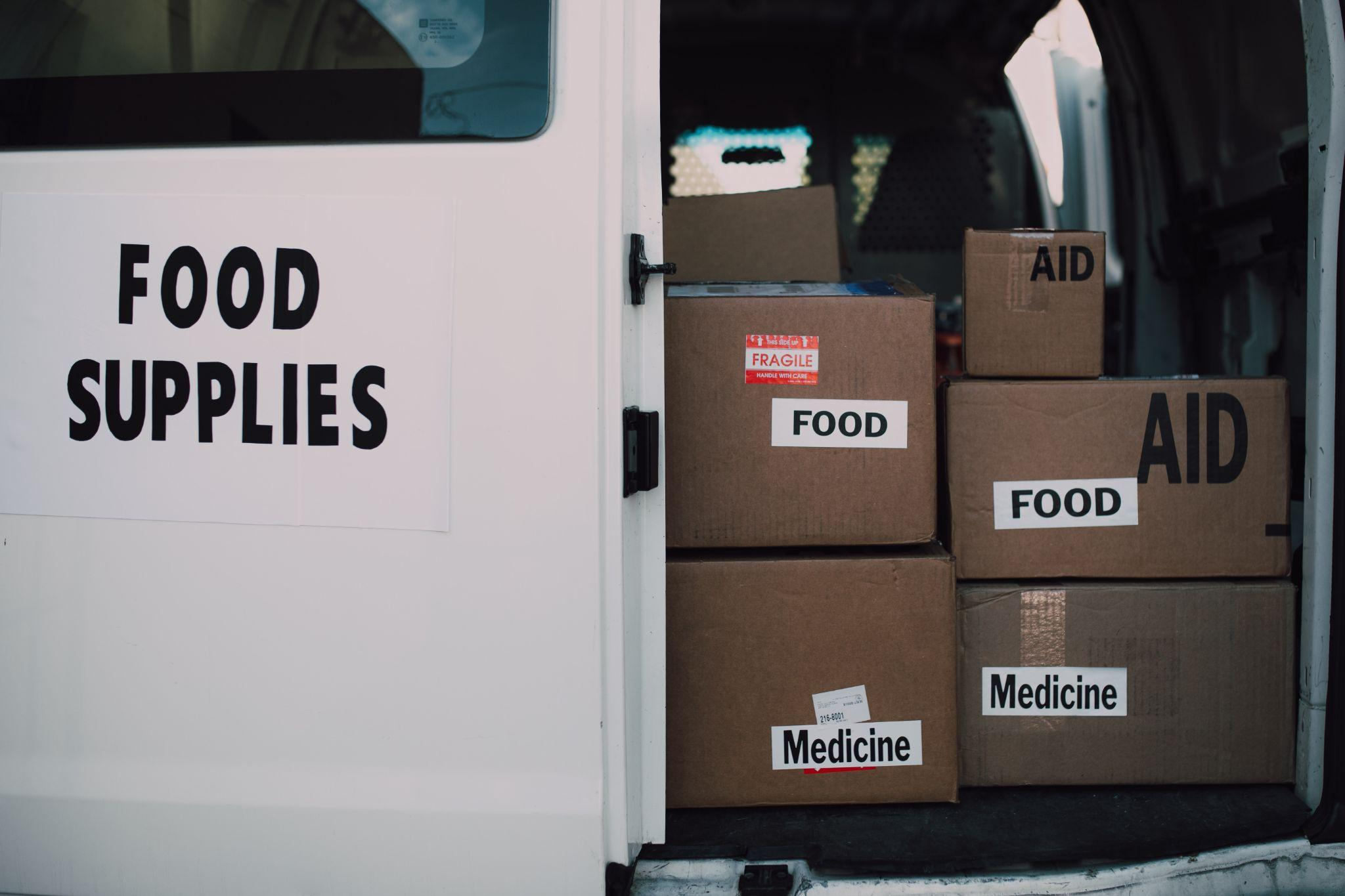 Food and medical supplies in a non-profit service van