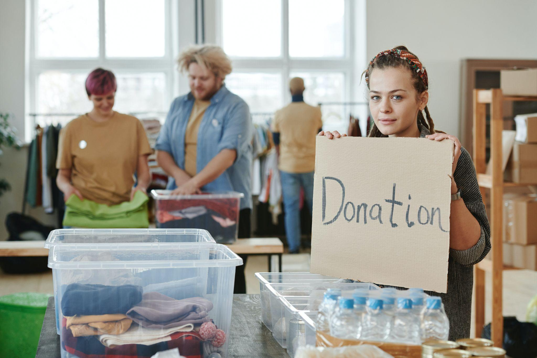 Non-profit service volunteers collecting food and clothes